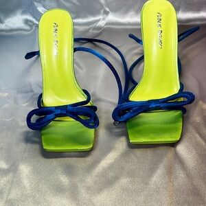 Public Desire Blue and Green Heeled Sandals with Square-Toe Design